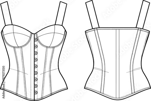 Hand drawn corset bustier top front back fashion technical illustration vector outline lingerie apparel design template isolated white background