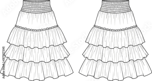 Hand drawn pleated tiered ruffle maxi skirt fashion technical illustration vector outline apparel design template isolated on white background