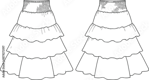 Hand drawn tiered ruffle maxi skirt fashion technical illustration vector outline apparel design template isolated on white background minimal style