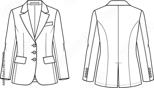 Hand drawn women tailored blazer jacket front back fashion technical illustration vector outline apparel design template isolated white background