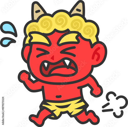 走って逃げる、赤鬼（線画カラー）のイラスト