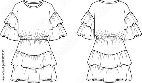 Hand drawn women's tiered ruffle dress front back fashion technical illustration vector outline apparel design template isolated white background