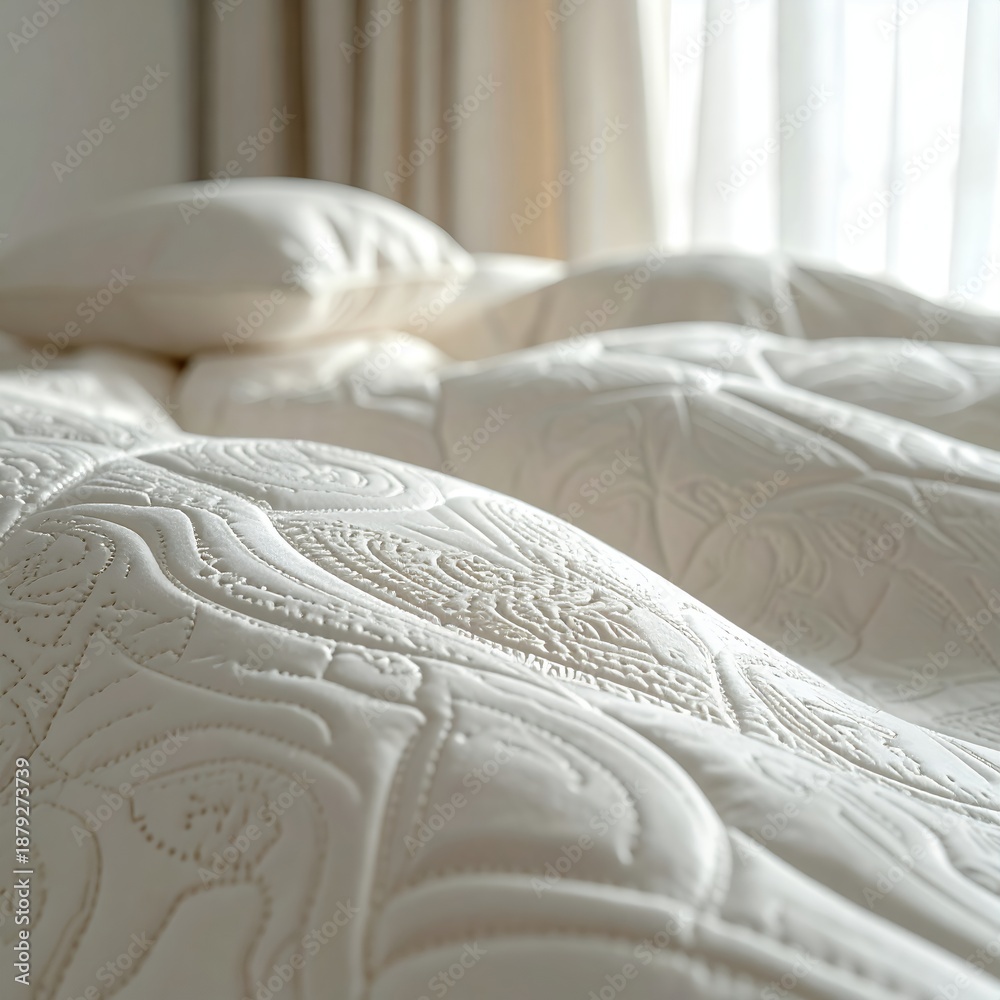 Fototapeta premium Close-Up of a Luxurious White Mattress with Intricate Pattern.