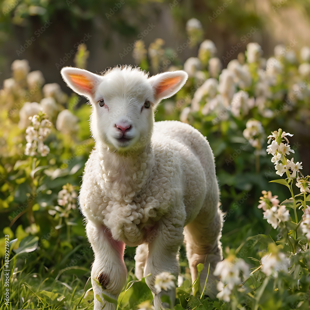 Fototapeta premium Whispers of Spring: A Curious Lamb Among Blossoms