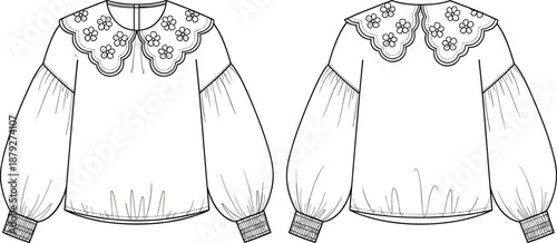 Girls floral blouse technical line drawing front and back view, long sleeve embroidered collar kids fashion flat vector illustration