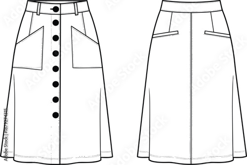 Women button front A line skirt technical line drawing front and back view, high waist fashion flat vector illustration