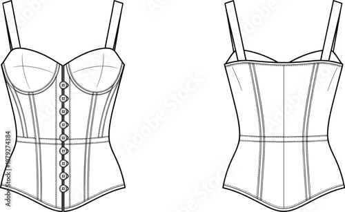 Women corset bustier technical line drawing front and back view, structured lingerie bodice fashion flat vector illustration