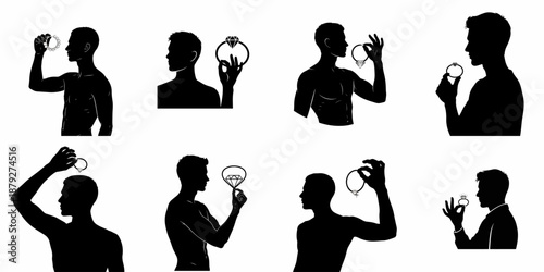 Black silhouettes of a man examining various diamond jewelry pieces, including rings and bracelets, displayed in a collection.