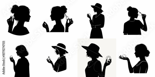 Collection of eight elegant female silhouettes showcasing beauty rituals, makeup application, and cosmetic products, isolated vector graphic set.