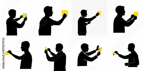 Collection of black silhouettes showing men holding, sticking, and peeling yellow sticky notes, representing concepts like planning, tasks, and ideas.
