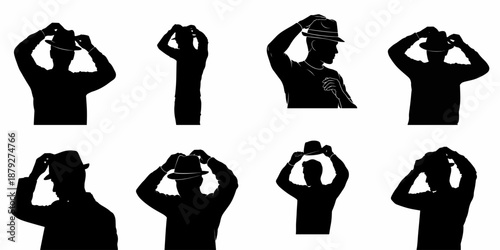 Set of Eight Black Silhouettes of Men Adjusting, Tipping, or Removing a Fedora Hat, Illustrating Style, Gesture, and Fashion Accessory.