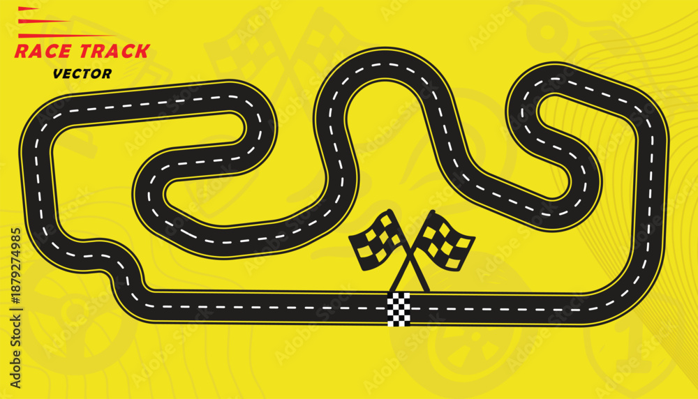 Fototapeta premium Creative vector illusion of race track isolated on yellow background. Speed race track design with creative icons.