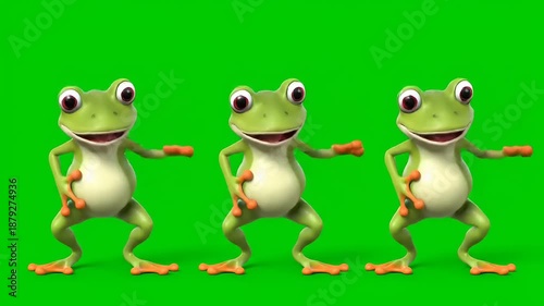Three Cute cartoon frogs dancing and grooving on a green screen background, perfect for children's content and animations