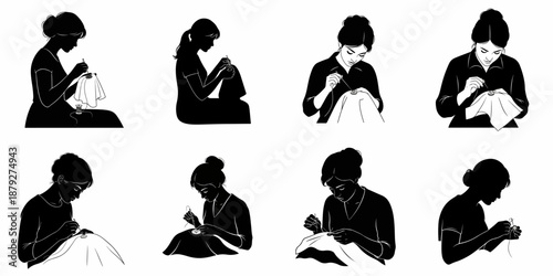 Eight black silhouettes of young women engaged in sewing and needlework, illustrating tailoring, repair, craft, hobby, and handmade garment creation.