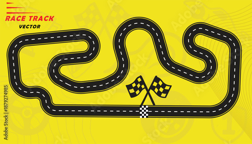 Creative vector illusion of race track isolated on yellow background. Speed race track design with creative icons.