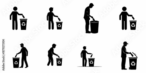 Recycling and Waste Disposal Silhouettes: People Throwing Trash into Bins Icon Set.