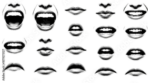Collection of expressive female mouths and lips in black and white halftone pop art style for creative design projects