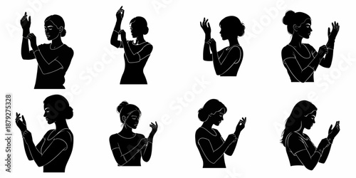 Collection of black silhouette illustrations depicting women putting on medical or protective gloves for hygiene, safety, and professional readiness.