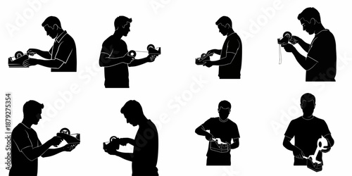 Vector silhouette set of a man working with adhesive tape, using desk and handheld dispensers for tasks like packing or sealing.