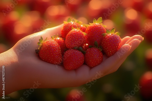Handful of Freshly Picked Strawberries in a Sunny Field.