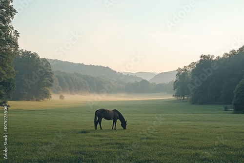 Horse Grazing in a Misty Meadow at Sunrise.