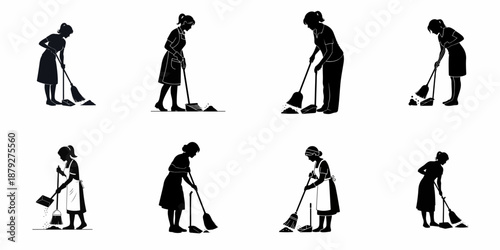 Eight black silhouettes of women sweeping with a broom and dustpan, illustrating cleaning, housekeeping, and domestic work tasks.