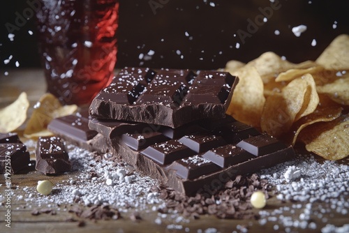 Indulgent Dark Chocolate Bar with Potato Chips and Sprinkles.