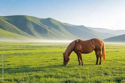 Horse Grazing in a Lush Green Meadow with Mountain Backdrop.