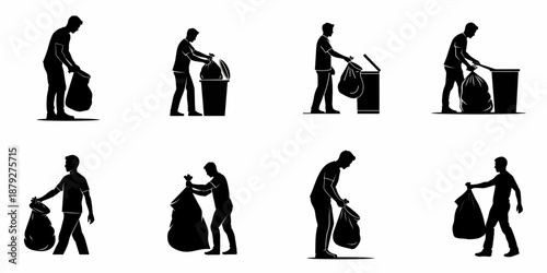 Collection of black silhouettes of a man taking out the trash, handling garbage bags, and placing waste into disposal bins.