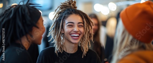 Joyful woman with dreadlocks radiates happiness in a crowd.