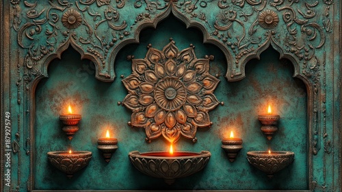 Intricate Diwali Decoration with Teal Carved Wood and Candles.