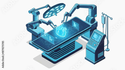 Medical equipment in a futuristic operating room with robotic arms and advanced technology