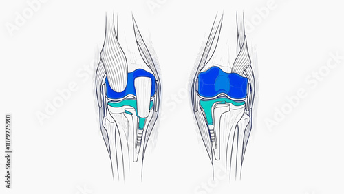 Detailed medical illustration of knee anatomy and joint comparison from a lateral viewpoint