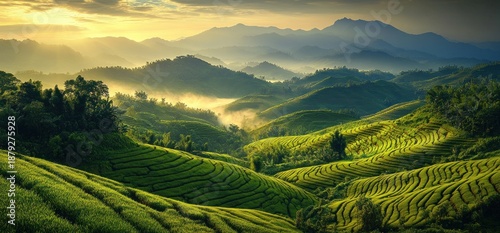 Lush Green Tea Plantations Rolling Hills Under a Golden Sunrise.