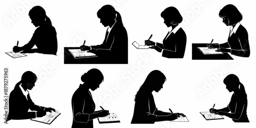 Eight Silhouettes of Professional Women Signing Documents or Writing on Forms: Vector Set for Business and Finance.
