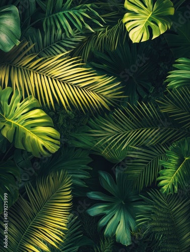 Lush Green Tropical Foliage - A Vibrant Display of Natures Beauty.