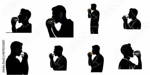 A collection of black silhouettes and vector illustrations of a man eating a hamburger or cheeseburger, depicting fast food consumption.