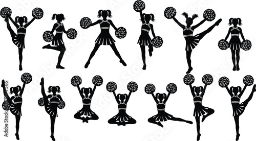 Black silhouette cheerleader poses icon set featuring pom poms, dance moves, jumps, and athletic performance symbols isolated on white background