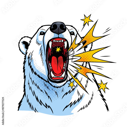 Fierce polar bear roaring with explosive comic effect