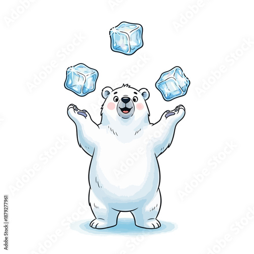 Playful polar bear juggling ice cubes with joyful expression
