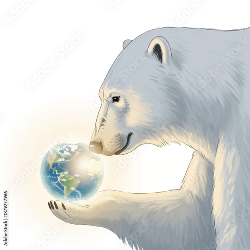 Polar bear gently holding Earth in its paw with care and concern