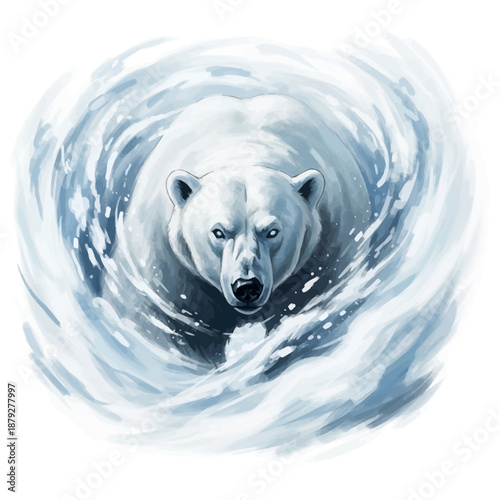 Polar bear emerging from icy waters with intense gaze