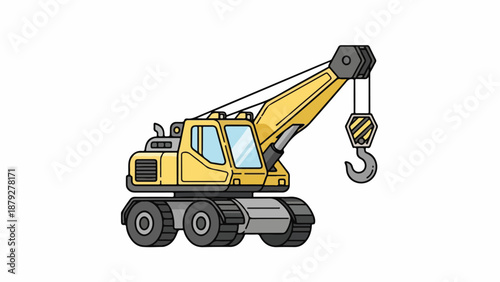 Illustration of a yellow construction crane with a hook against a white background.