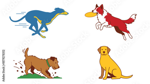 Dog Breeds in Action: Vector Illustration Set