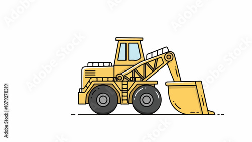 A yellow front loader with a raised bucket against a clean white background in a simple line drawing style.