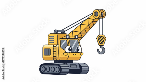 Cartoon illustration of a smiling yellow construction crane with a hook and tracks on a white background.