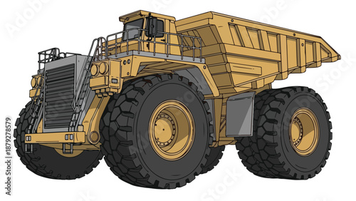A large yellow mining truck with a gray grill and black tires on a white background.