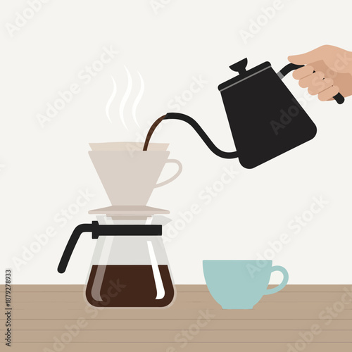 Specialty Pour-Over Coffee Brewing Process Illustration. Hand pouring hot water from a gooseneck kettle into a coffee dripper and glass carafe.