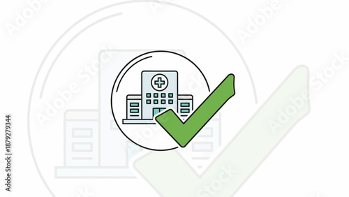 Hospital Building Icon with Green Checkmark, Healthcare Approval Concept