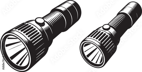 Two black and white of metal flashlights with ribbed handles and vented heads on a white background